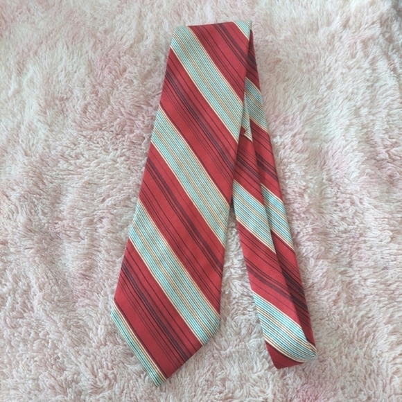 Yves Saint Laurent Neck Tie In Red WithLight Blue Stripes Silk - Picture 1 of 4